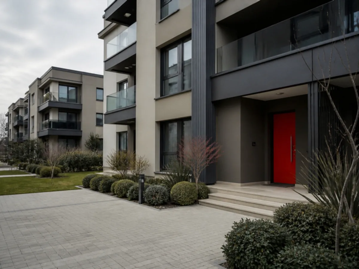 Bakımlı modern konut blokları ve peyzajlı giriş