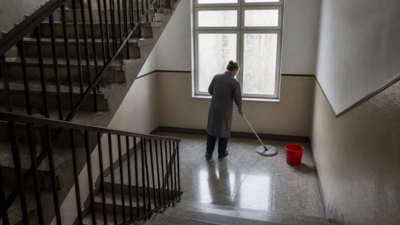 Az katlı bir apartmanın merdiven sahanlığında temizlik