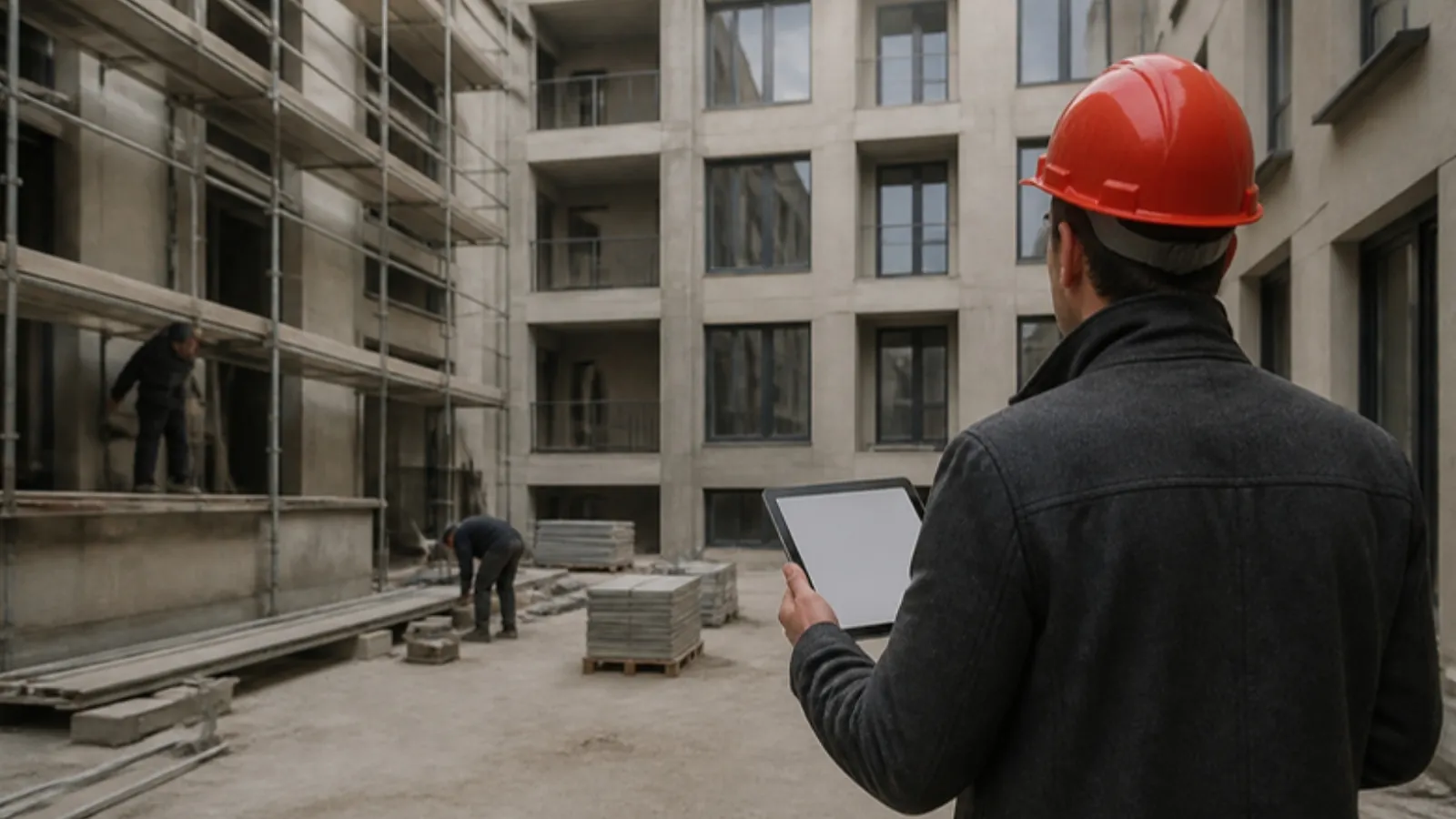 İskele kurulmuş bir apartmanda tadilatı takip eden mimar