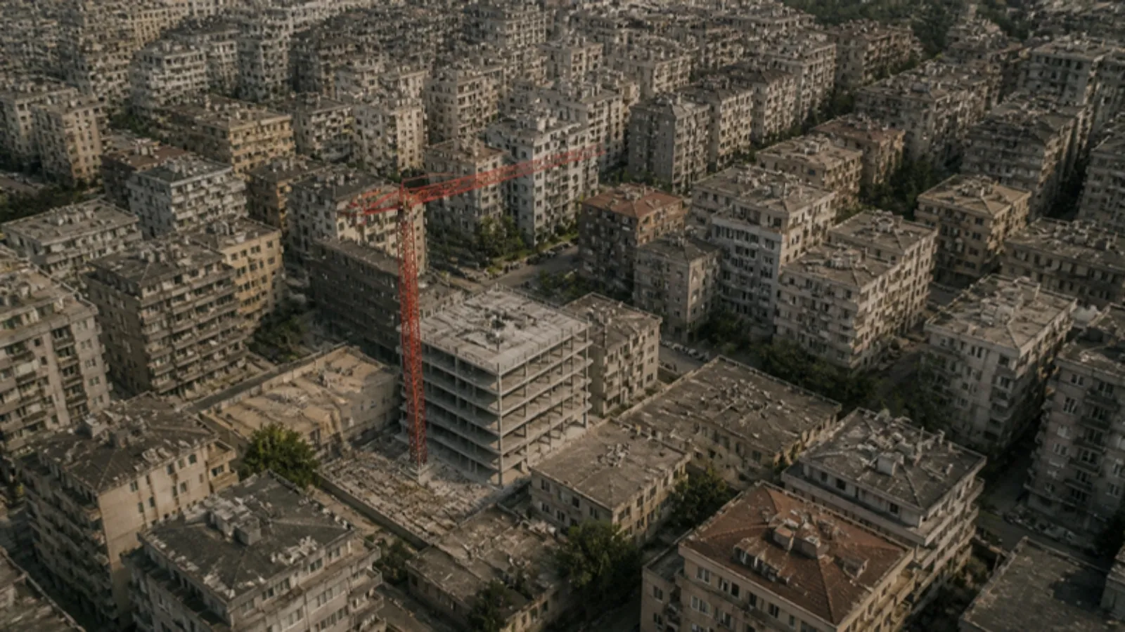 Sık dokulu apartman adaları arasında yeniden yapılan bir parsel, kuşbakışı
