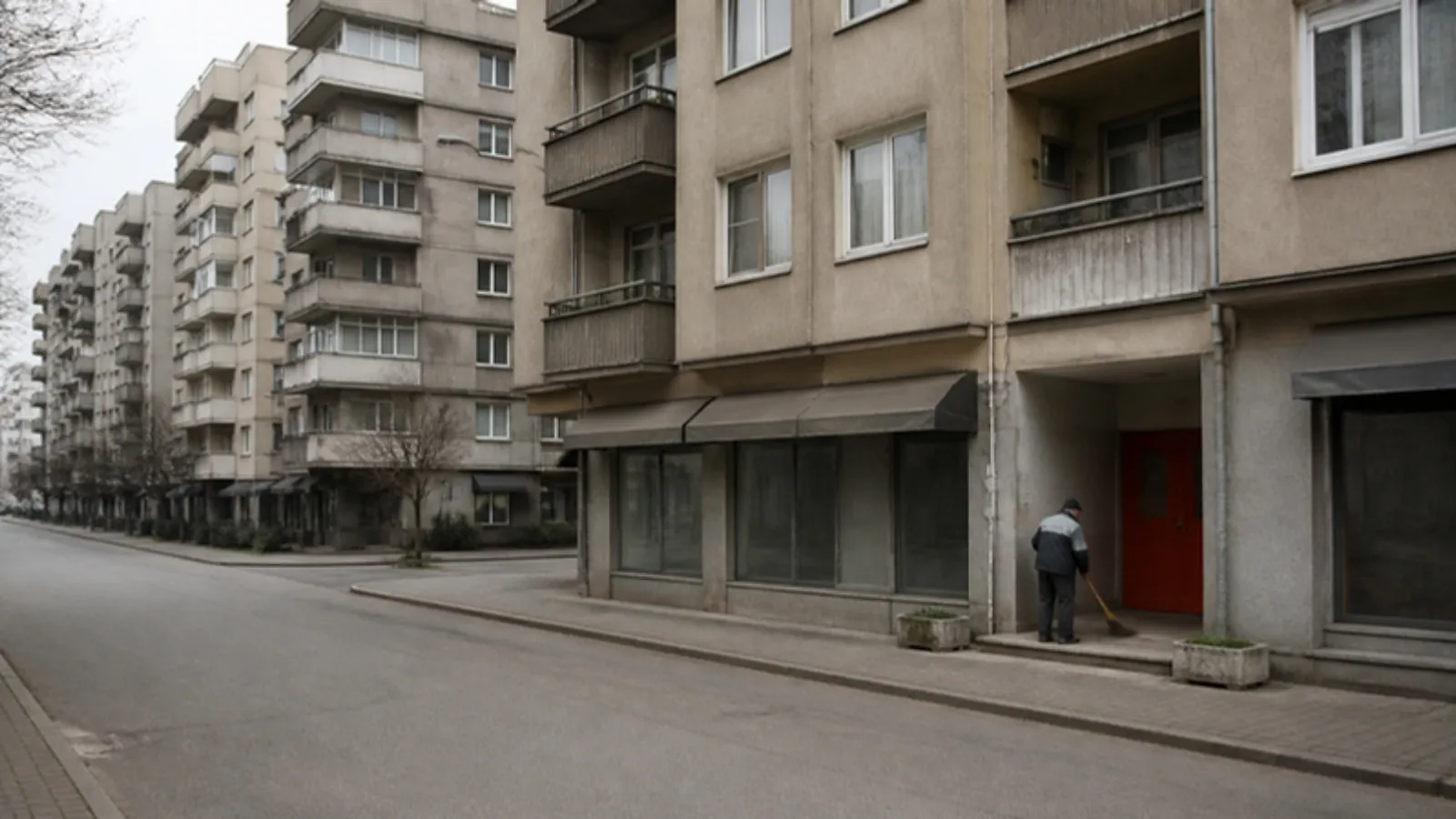 Zemin katı dükkânlı altı katlı apartmanların sıralandığı sokak ve girişi süpüren kapıcı