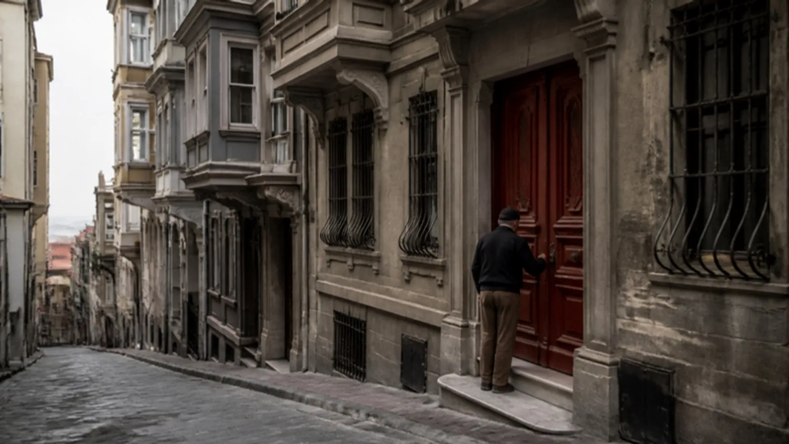 Tarihi bir semtte cumbalı yığma apartmanlar ve kırmızı giriş kapısında bina görevlisi