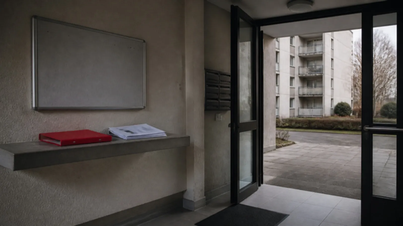 Eski apartmanın giriş holünde duyuru panosu ve rapor dosyası
