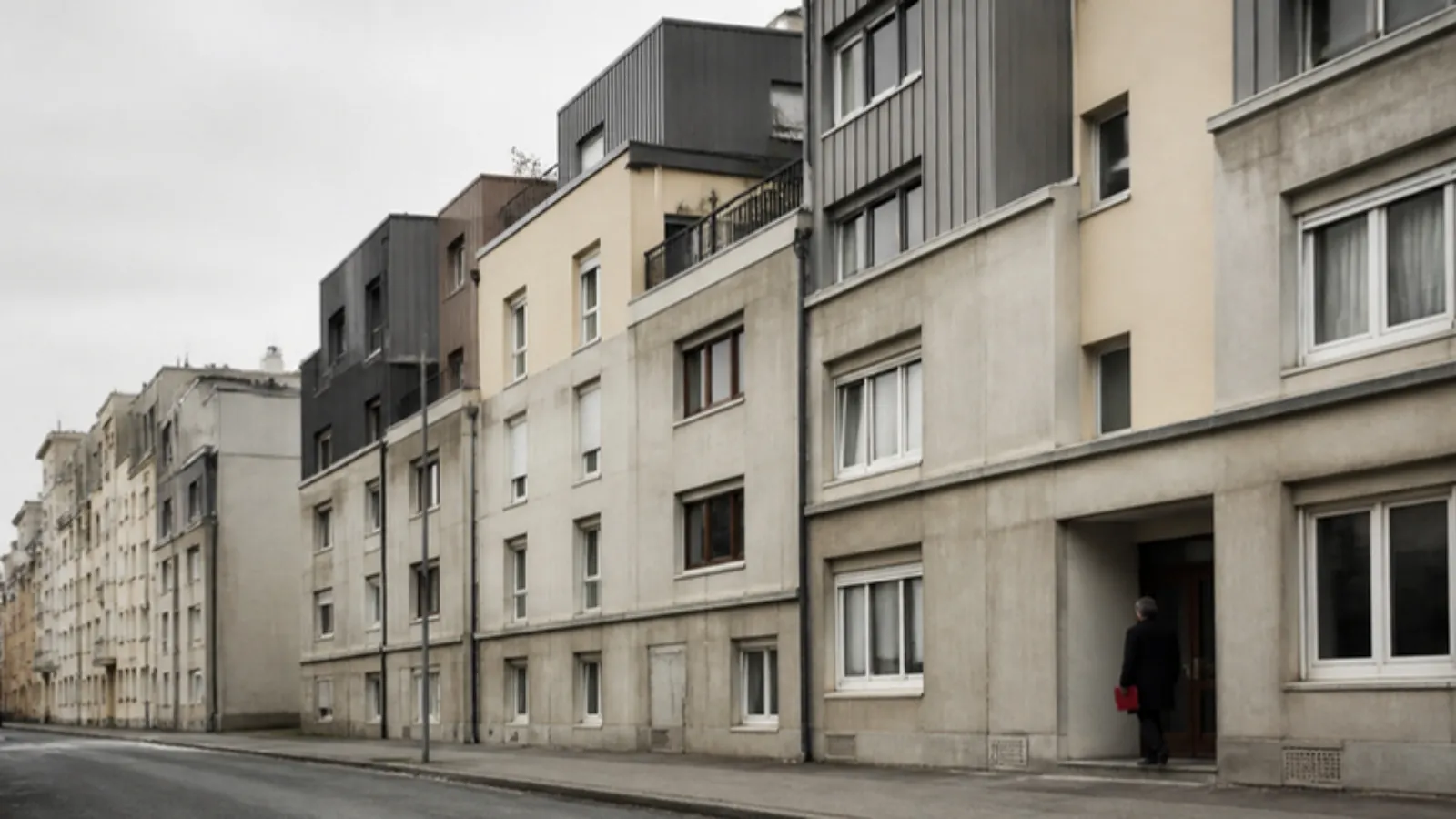 Sonradan kat eklenmiş apartmanların bulunduğu yokuşlu bir sokak ve girişte bina yöneticisi