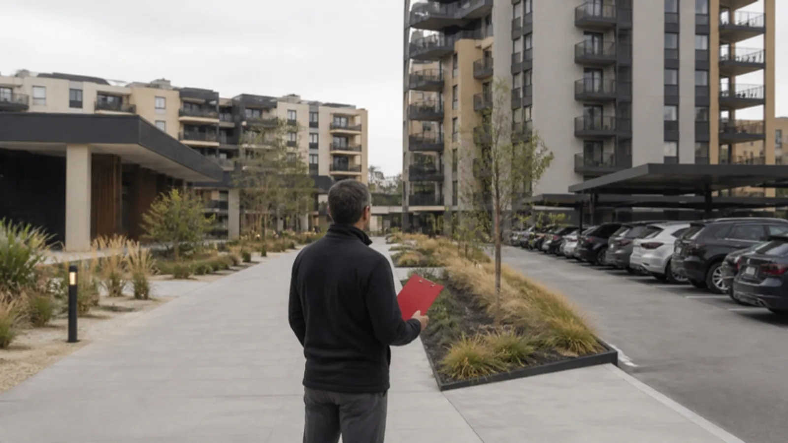 Çok bloklu sitede açık otopark ve yürüyüş yolları