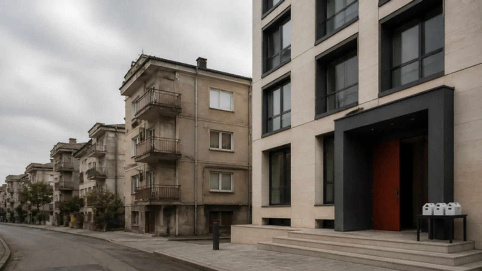 Eski az katlı apartmanların yanında yeni teslim edilmiş bina