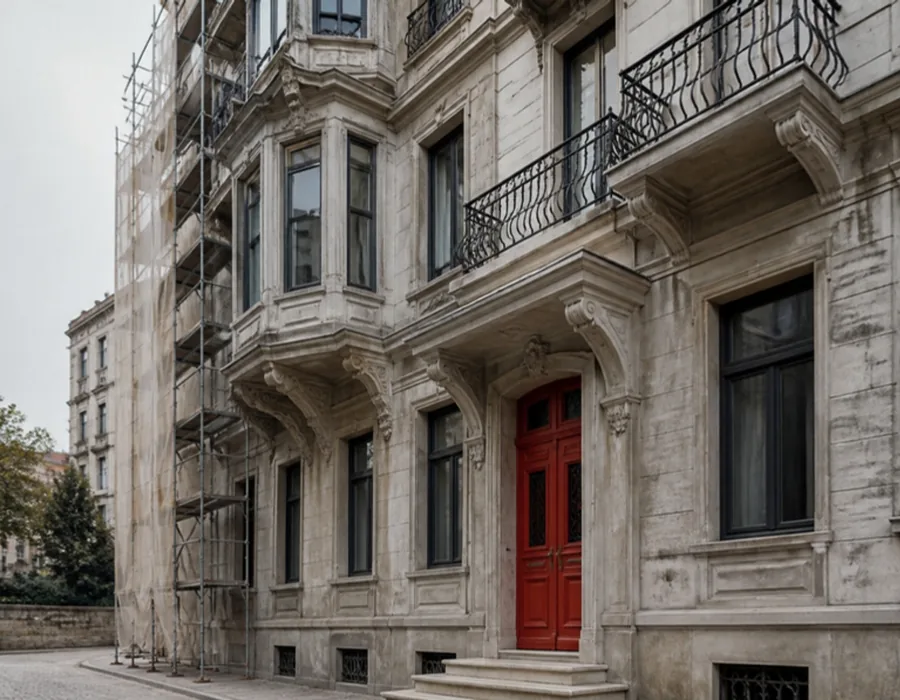 Restore edilmiş tarihi taş apartman cephesi ve kırmızı giriş kapısı